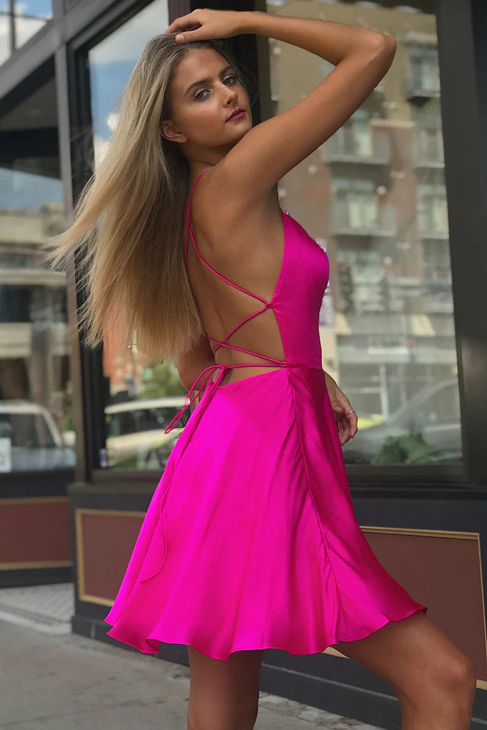 Weitese Dress A-Line Spaghetti Strap Satin Homecoming Dress Sleeveless Lace-Up Party Dress